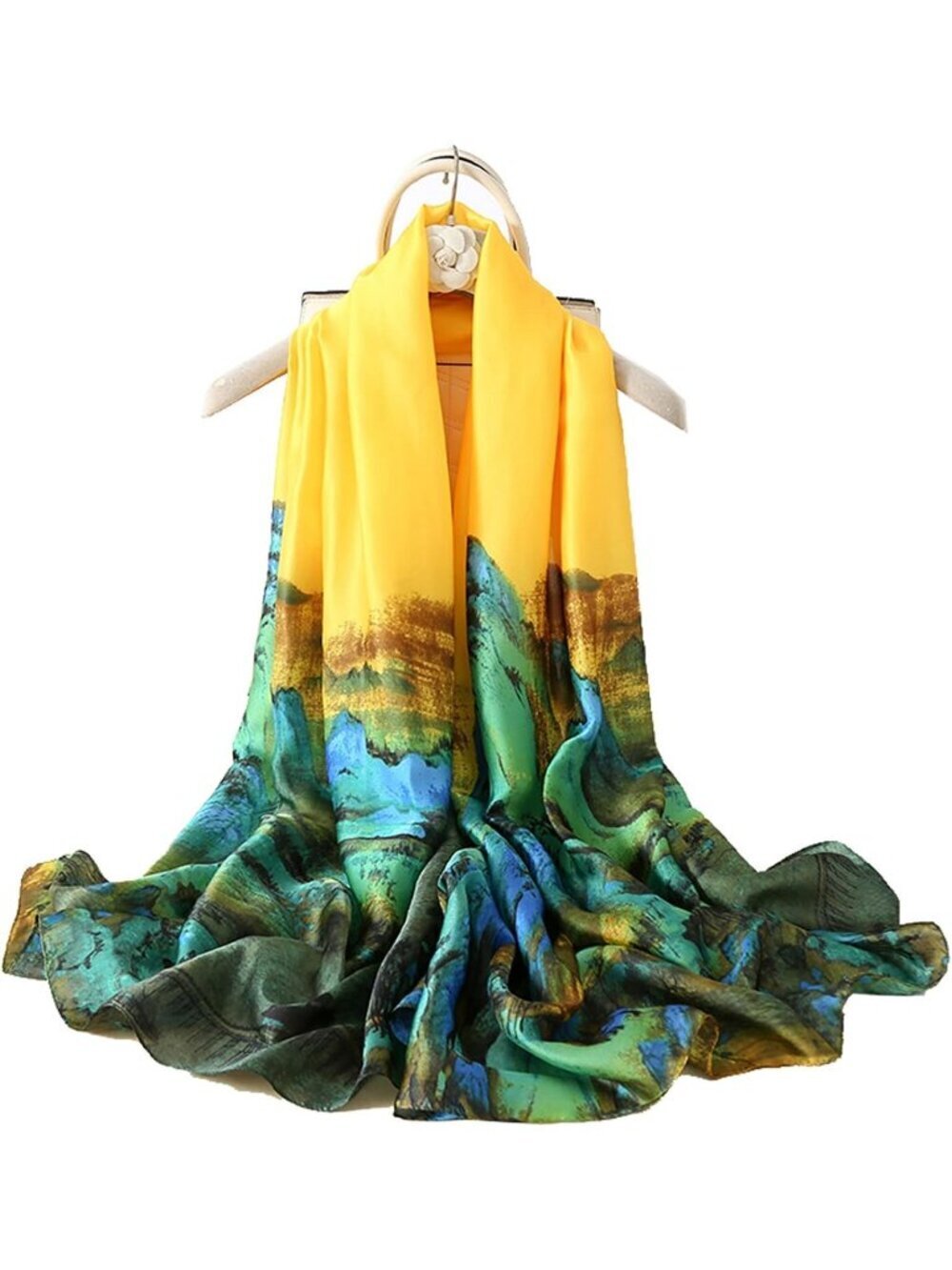 Women's Yellow Lightweight Silk Like Scarves Flower Print Head Cotton Wrap Scarf